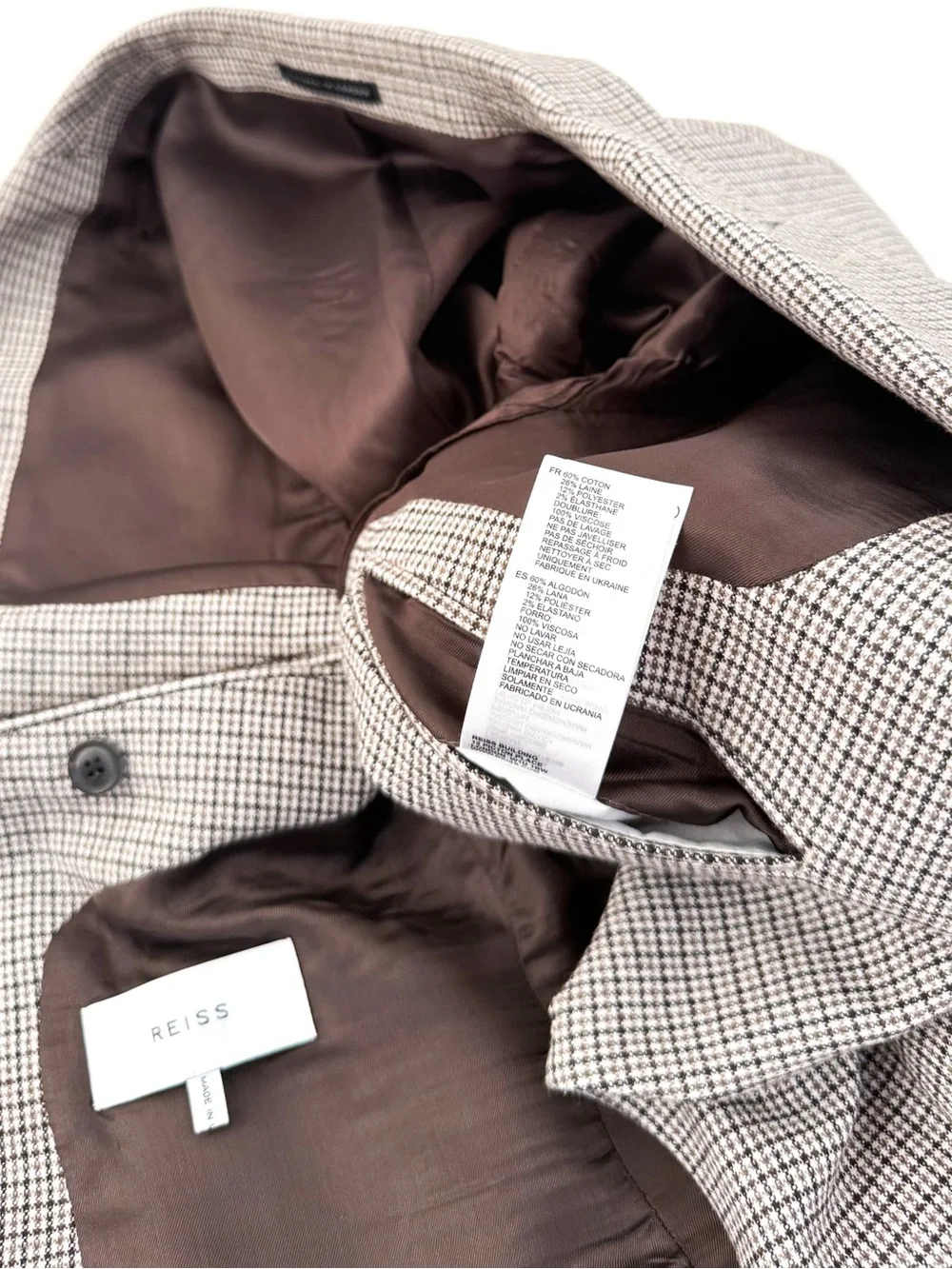 NEW Reiss Men's Plaid Cotton - Wool Houndstooth Blazer Beige Brown 38R Jacket